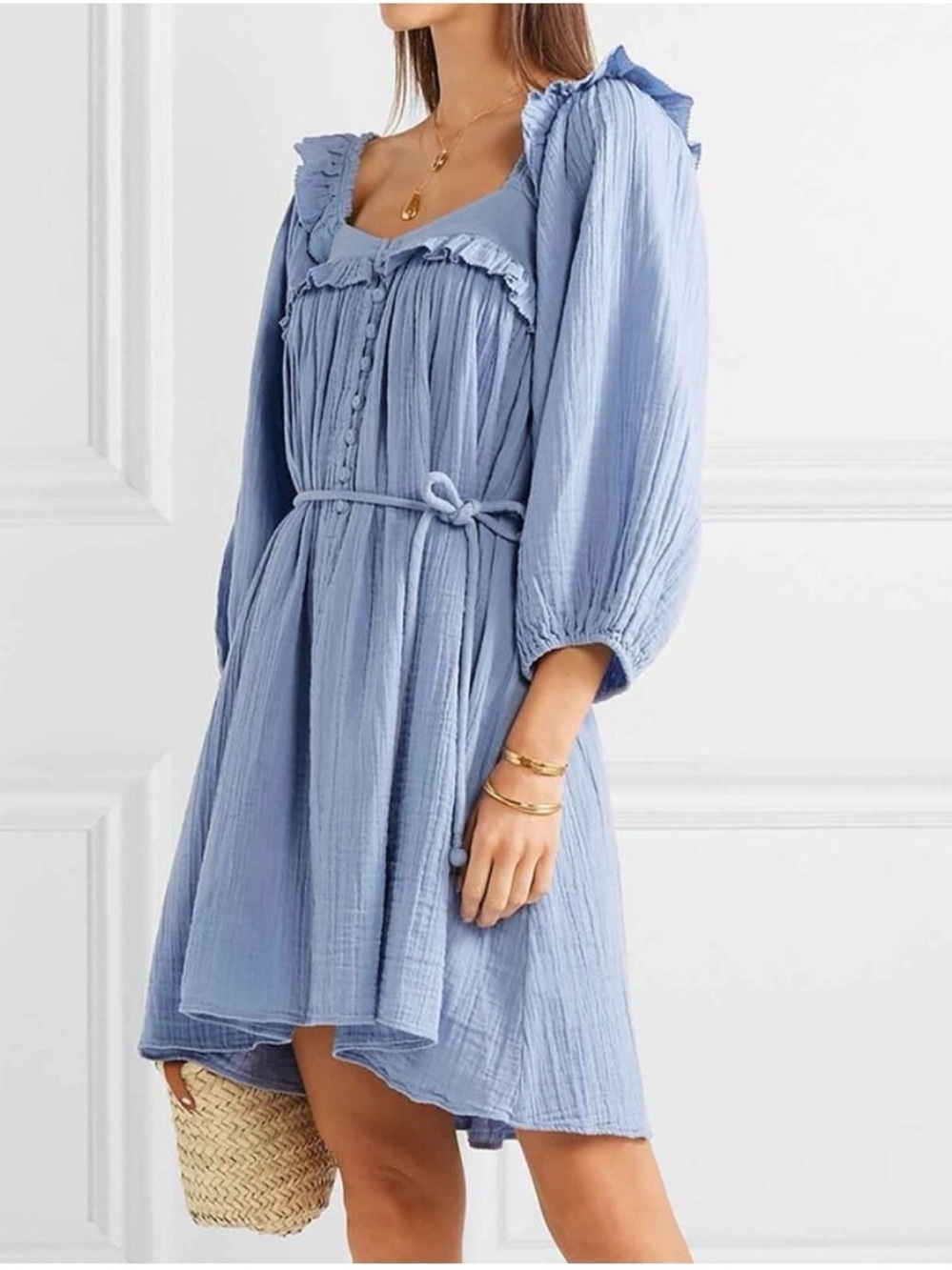 Apiece Apart Light Blue Ruffled Cotton Dress